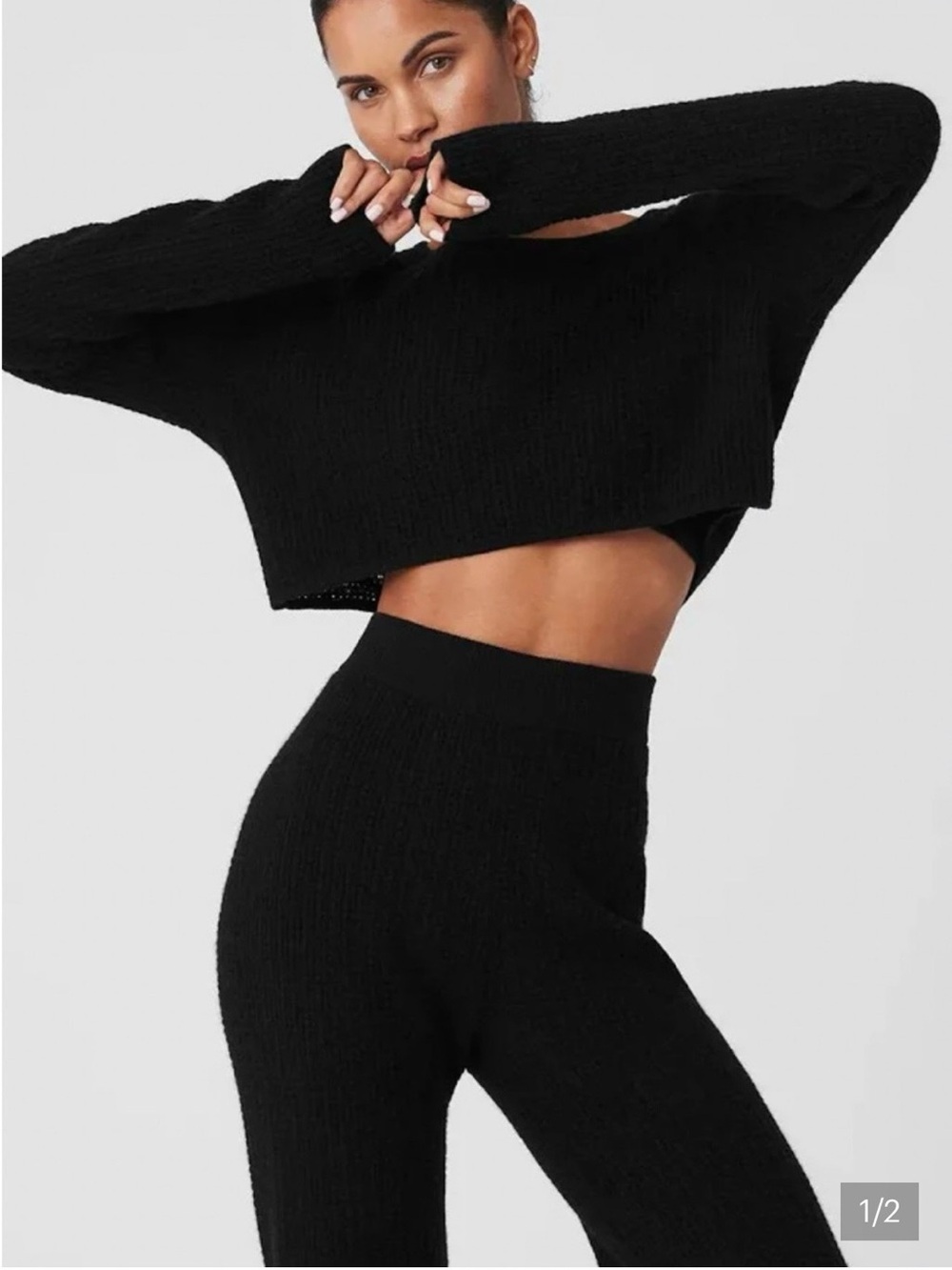 ALO Black 100% Cashmere Waffle Sweater Set (Top and Bottom)